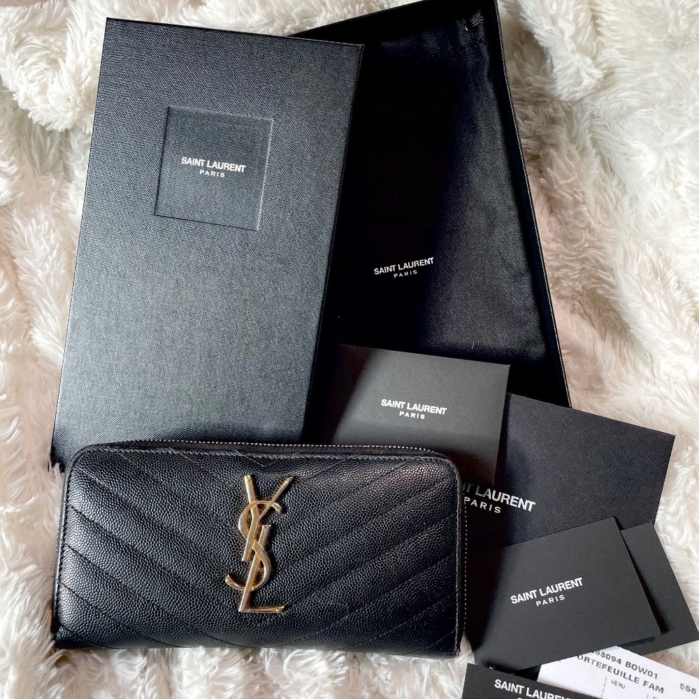 YSL Saint Laurent Cassandre Zip Around Long Wallet Black